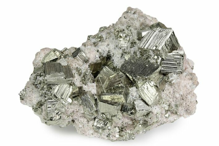 Gleaming Cubic Pyrite Crystals on Rhodochrosite and Quartz - Peru #382037
